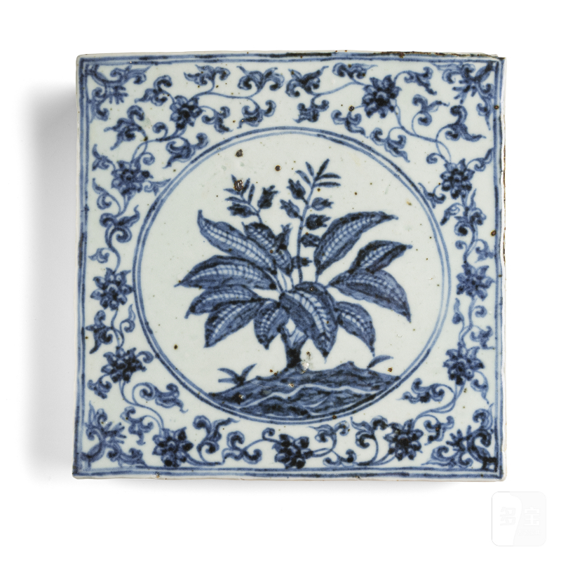 A porcelain tile decorated with a banana plant in underglaze blue - 图1